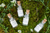 Four small clear glass bottles with cork stoppers and white labels reading 'MINI CRYSTALS' are arranged on green moss with small white flowers around them.