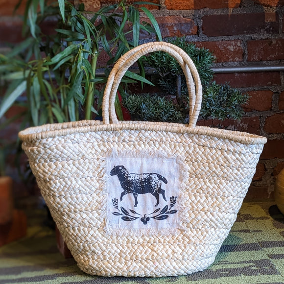 Straw Bag with Sheep Graphic
